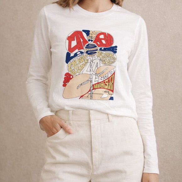 La Ligne Tops - La Ligne Womens 5 Year Anniversary Graphic Long Sleeve T-Shirt White Cotton S